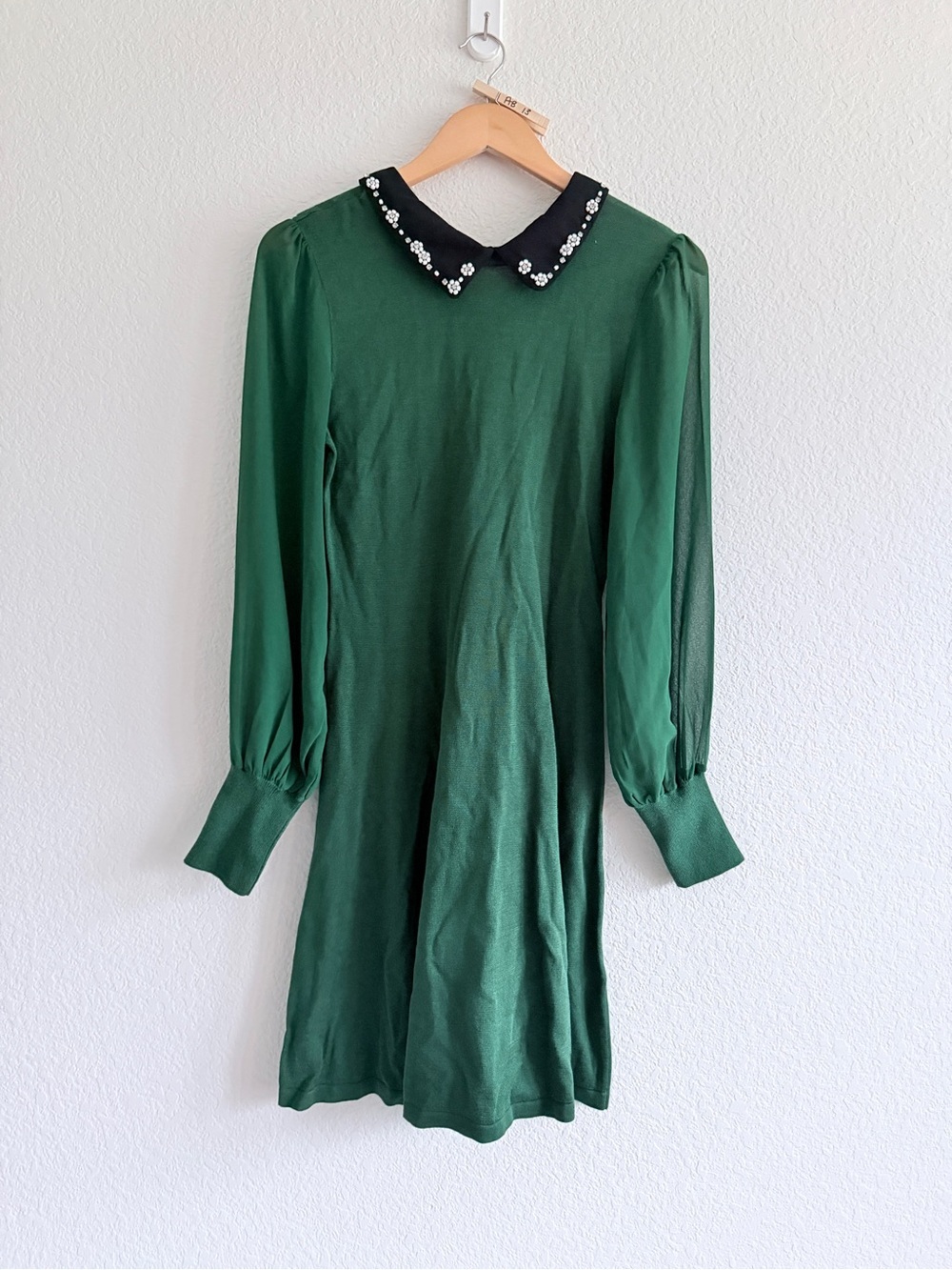 CeCe Emerald Green Dress with Embellished Black Peter Pan Collar size small